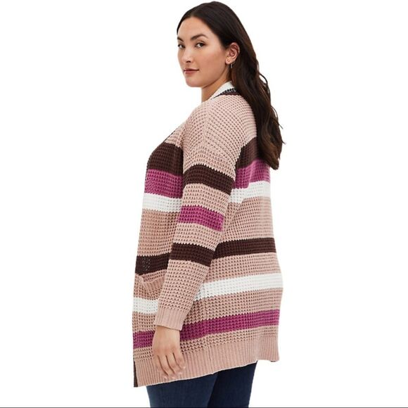 Striped Long Sleeve Open Front Pockets Longline Cardigan Sweater NWT - Picture 3 of 4